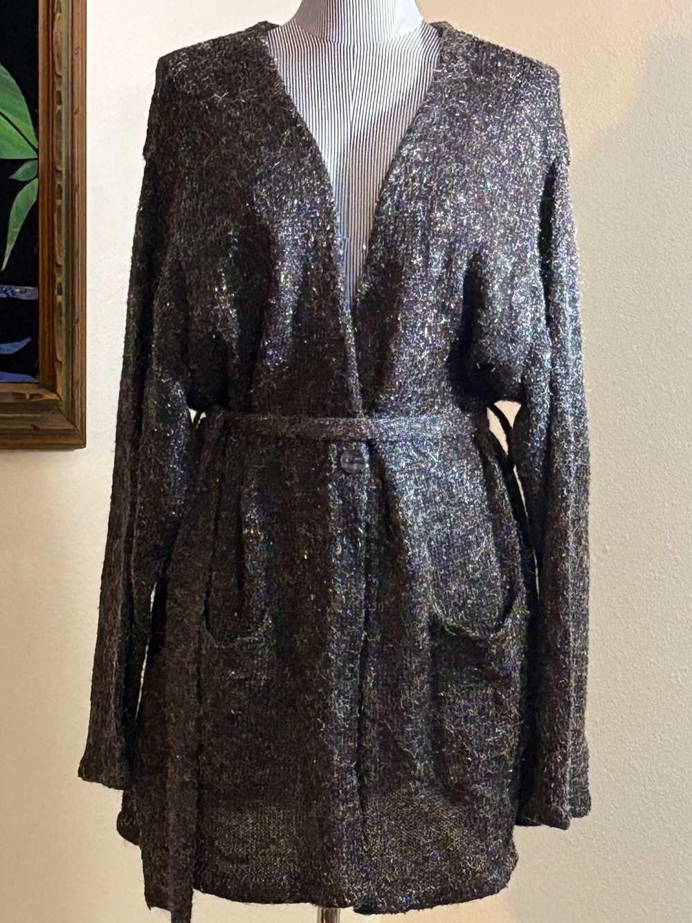 a.n.a Metallic Knit Belted Cardigan - Dark Gray/Silver Sparkle